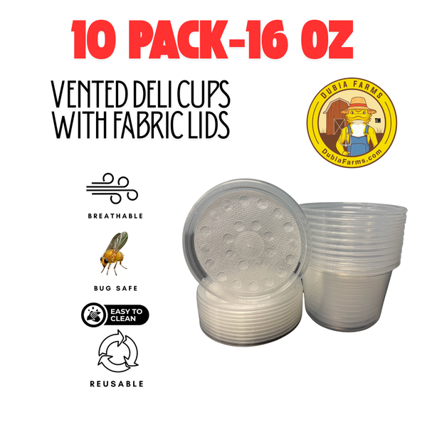 10 Pack Deli Cups with Fabric Vented Insect Feeder lids for Fruit Fly & Feeder Insect Cultures (16oz/10 Cups)