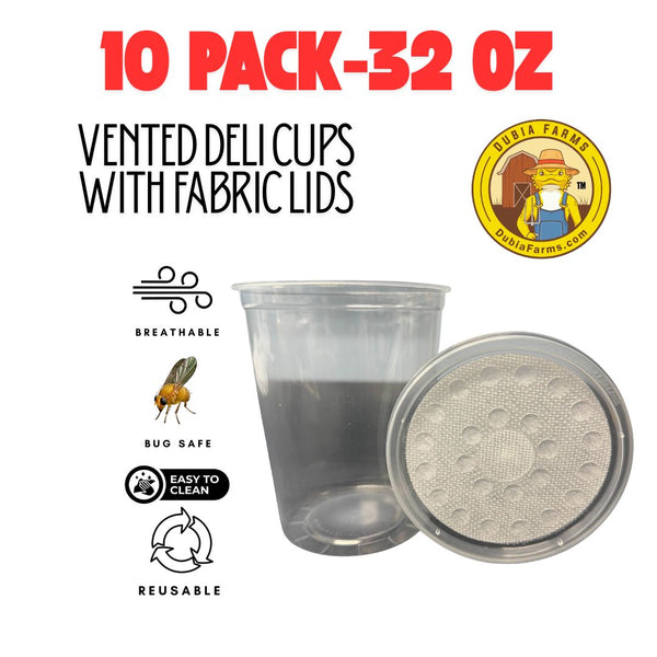 32oz Deli Cups with Fabric Vented Insect Feeder lids - 10 Pack for Fruit Fly & Feeder Insect Cultures